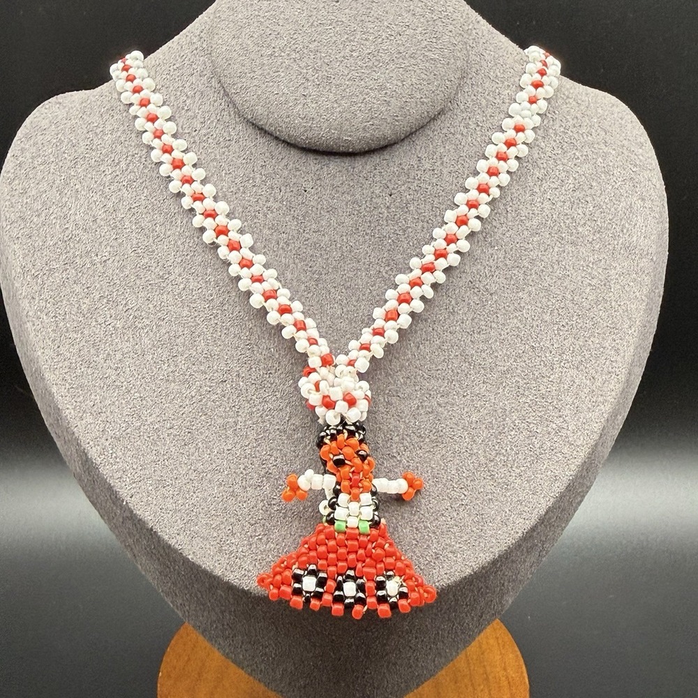 Vintage Red & White Seed Bead Kachina Doll Daisy Chain Necklace Tribal Folk Art